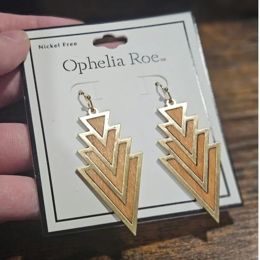 Ophelia Roe Gold Tone Wood Geometric Drop Earrings Nickel Free NWT Deadstock